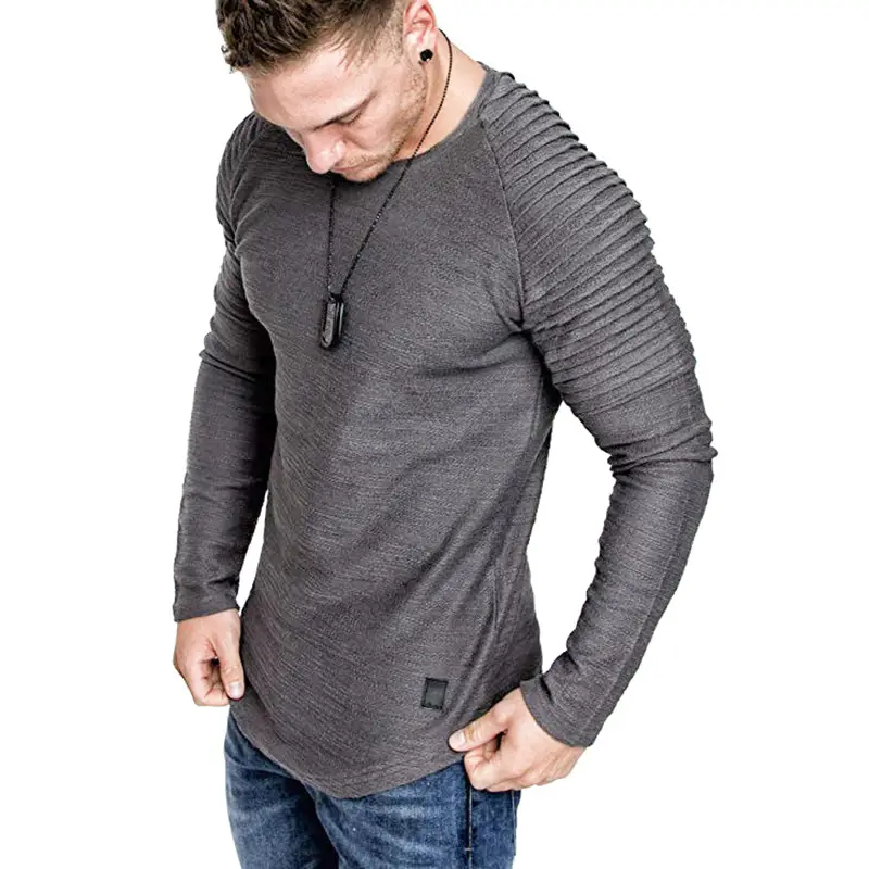 Men Pleated Long Sleeve T-Shirt Tan Round Neck