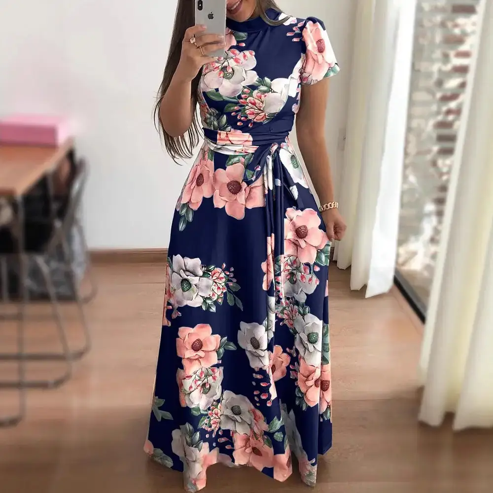 Women Floral Print Flared Dress Blue Medium - Image 10