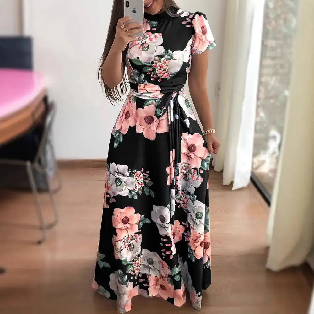 Women Floral Print Flared Dress Blue Medium - Image 11