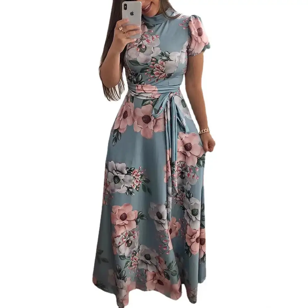 Women Floral Print Flared Dress Blue Medium - Image 12