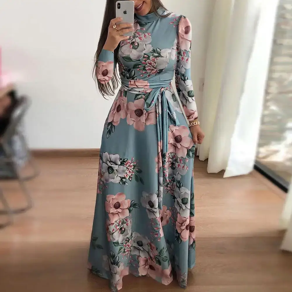 Women Floral Print Flared Dress Blue Medium - Image 4