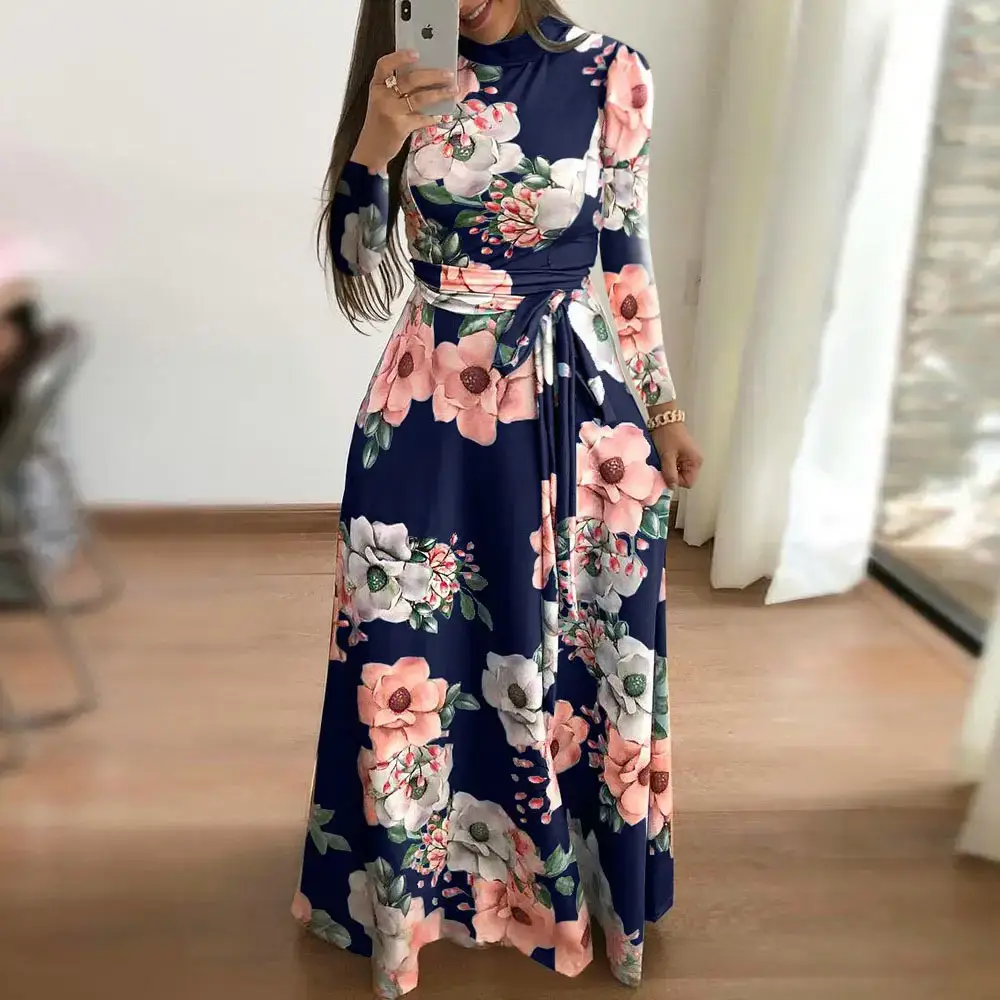 Women Floral Print Flared Dress Blue Medium - Image 5