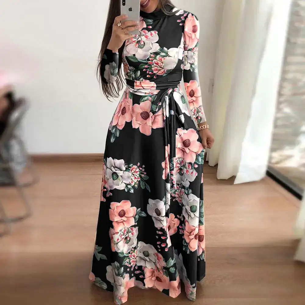 Women Floral Print Flared Dress Blue Medium - Image 6