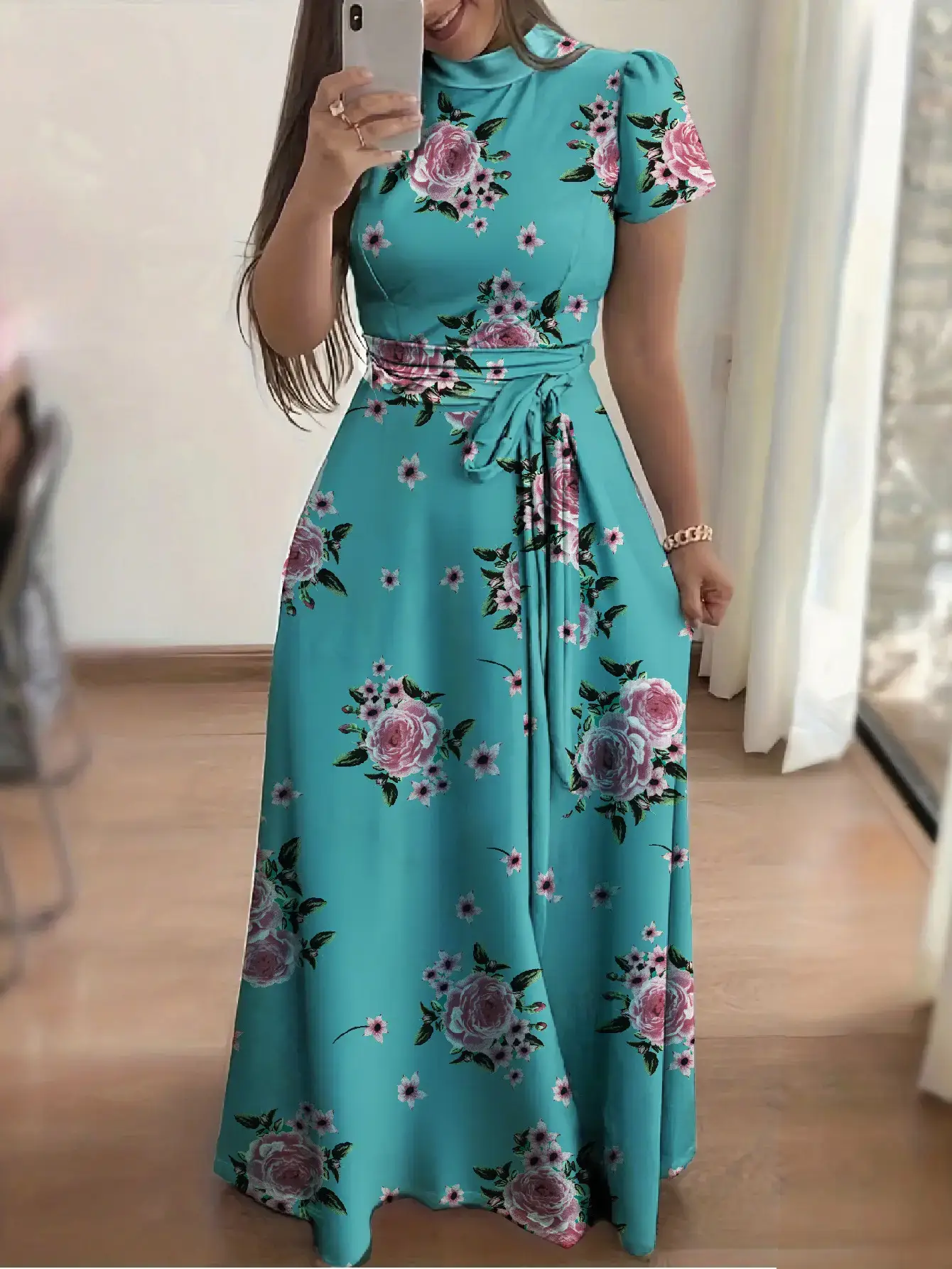 Women Floral Print Flared Dress Blue Medium - Image 7
