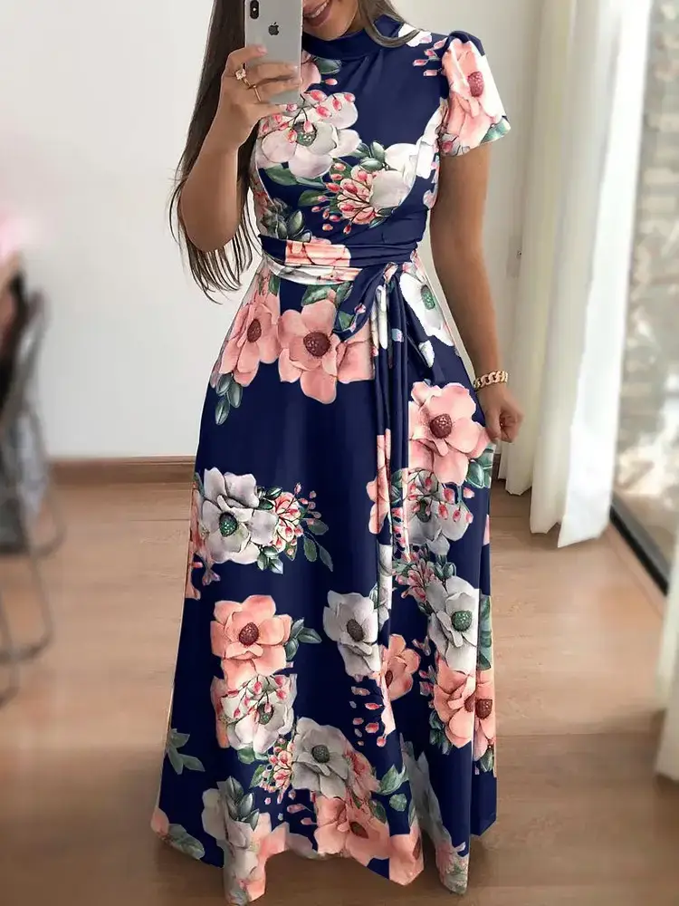 Women Floral Print Flared Dress Blue Medium - Image 2