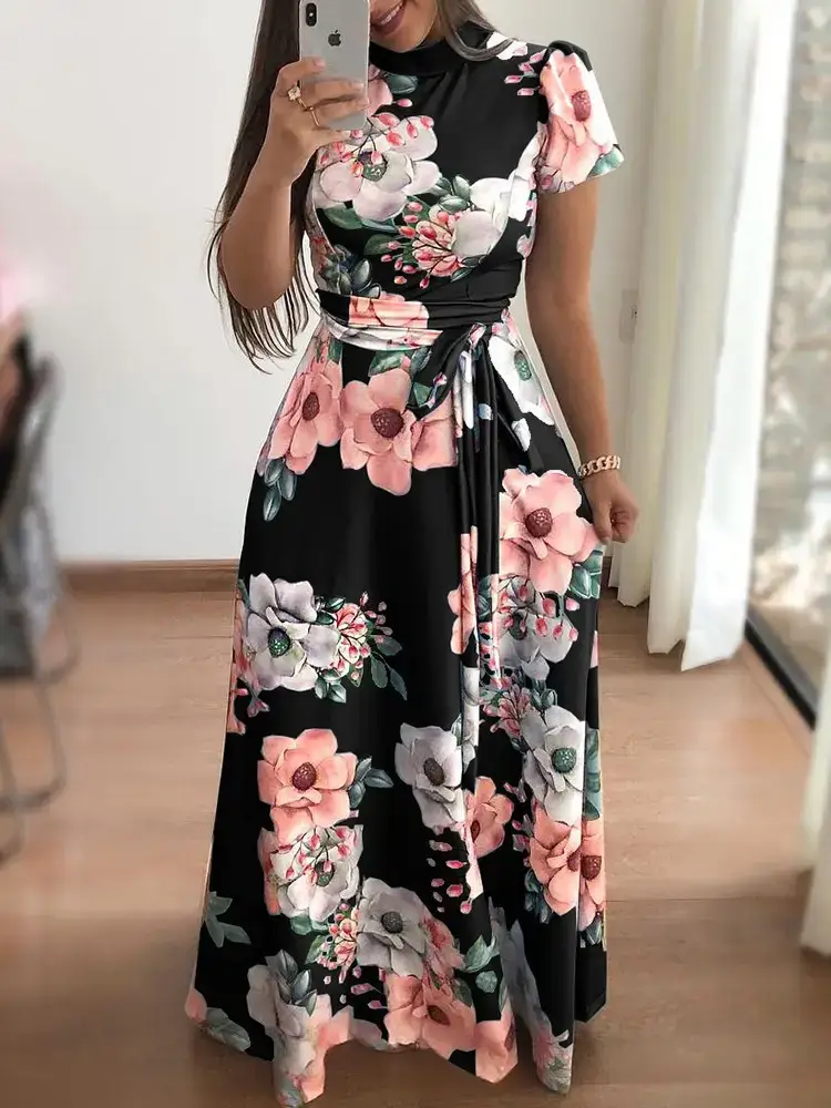 Women Floral Print Flared Dress Blue Medium - Image 3