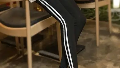 Grey Cropped Leggings with White Stripes - Image 2