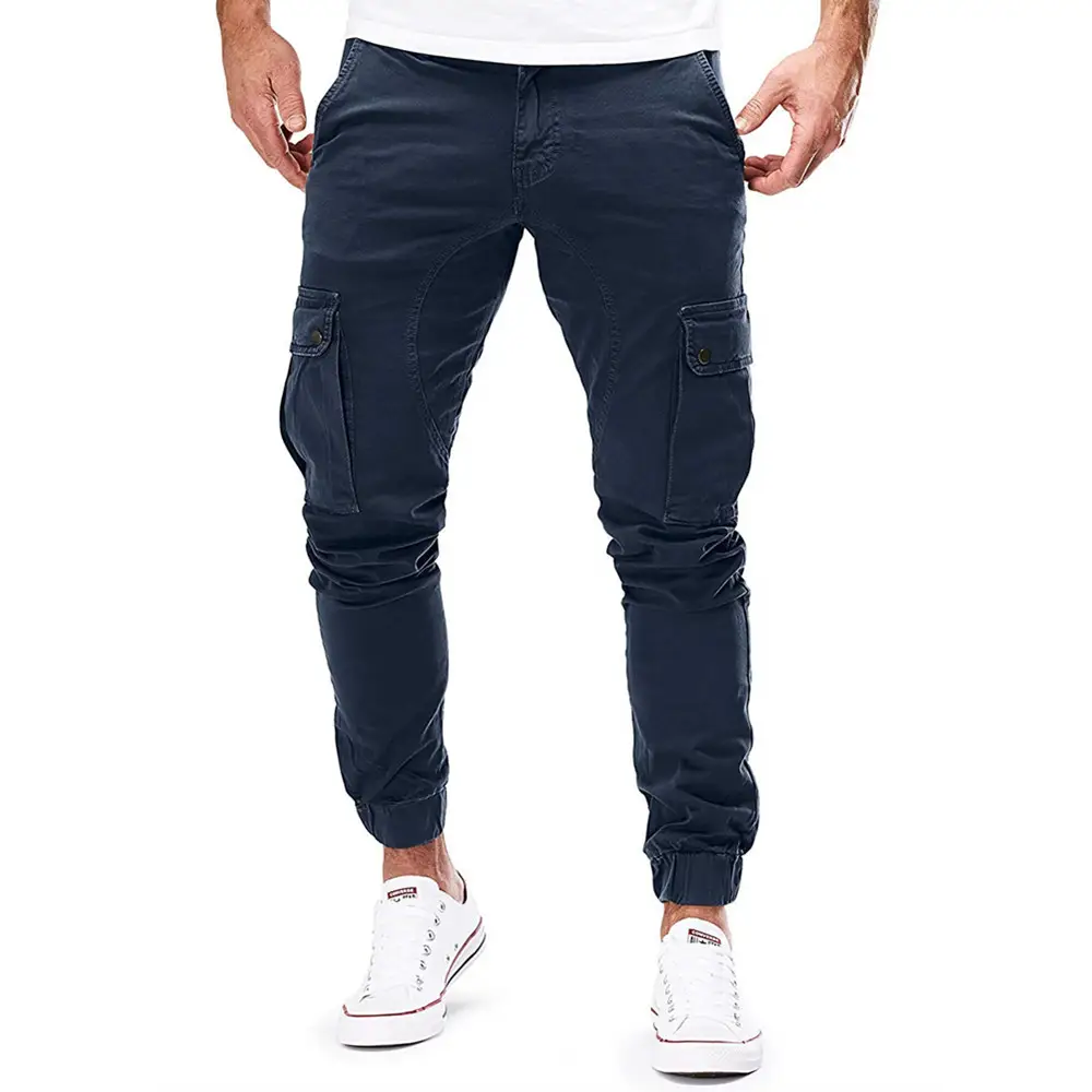 Men's Dark Blue Woven Casual Pants with Pocket Design
