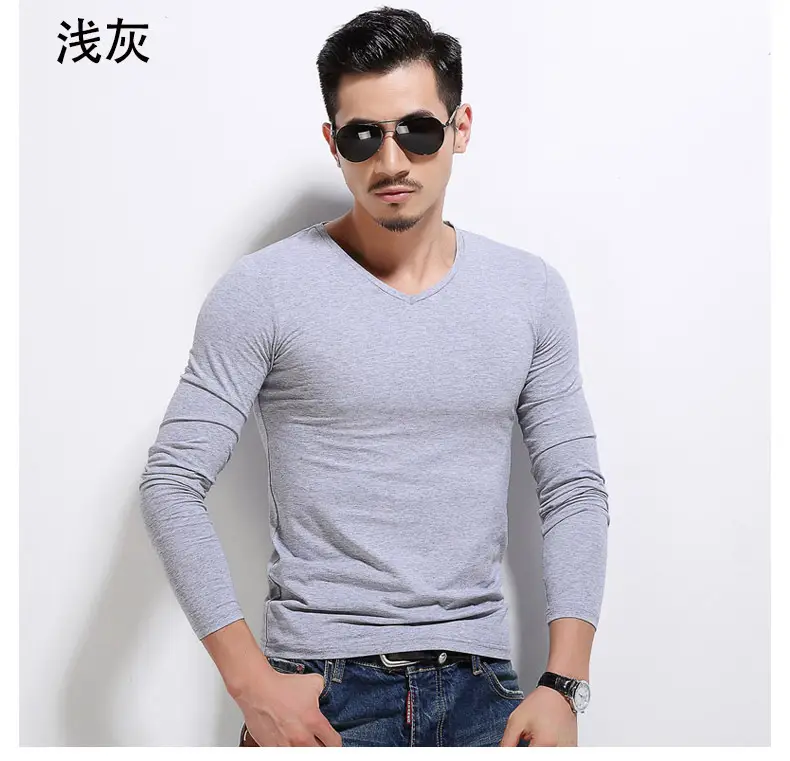 2019 Men Long Sleeve V-Neck T-Shirt Slim Fit - Image 5