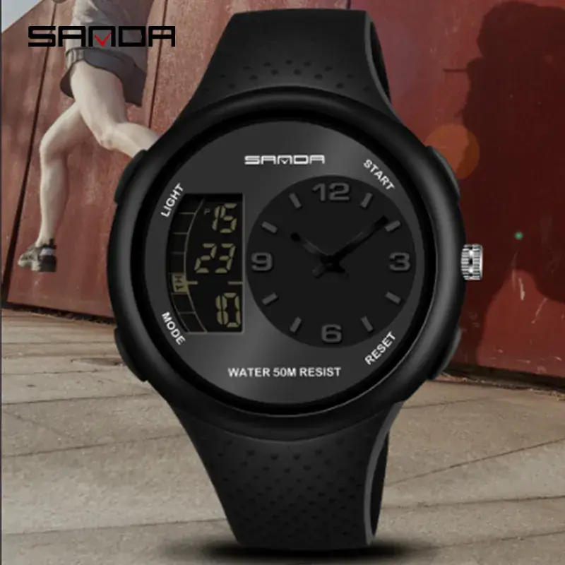 Sanda Waterproof Male Electronic Watch Black