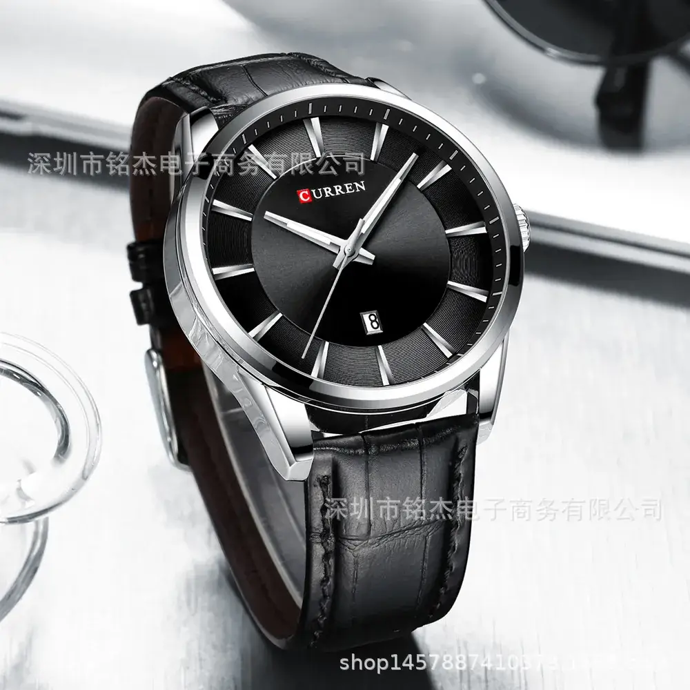 Men's Blue Leather Strap Quartz Calendar Watch
