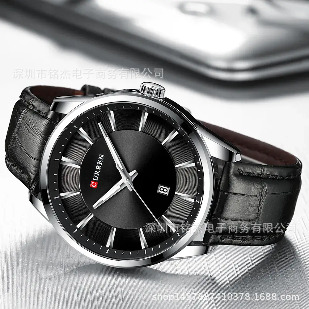 Men's Blue Leather Strap Quartz Calendar Watch