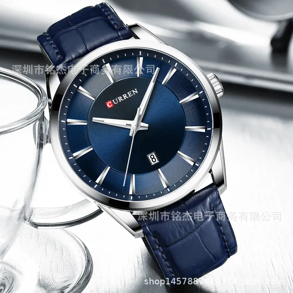 Men's Blue Leather Strap Quartz Calendar Watch