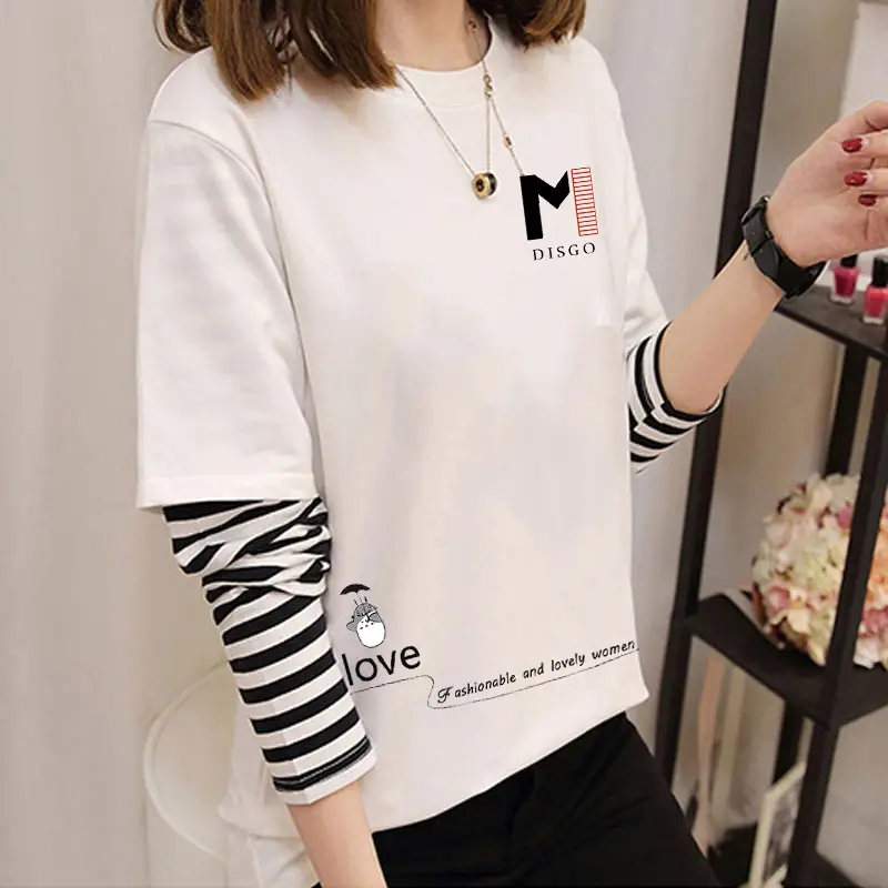 Women Korean Style Avocado Green T-Shirt with Striped Sleeves - Image 39