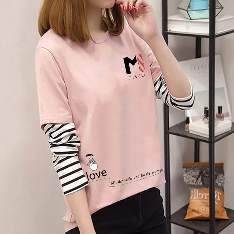 Women Korean Style Avocado Green T-Shirt with Striped Sleeves - Image 40