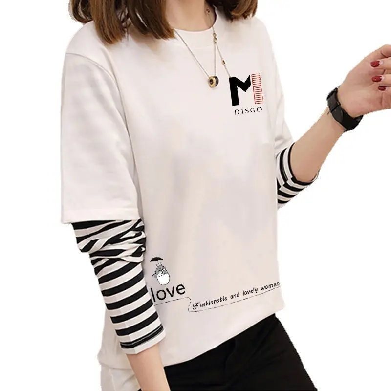 Women Korean Style Avocado Green T-Shirt with Striped Sleeves - Image 41