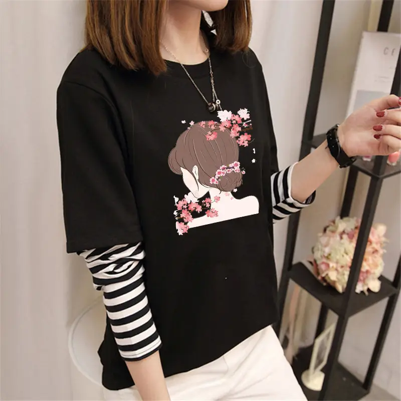 Women Korean Style Avocado Green T-Shirt with Striped Sleeves - Image 11