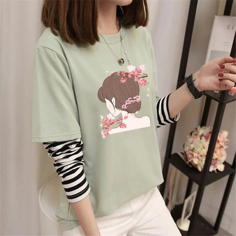 Women Korean Style Avocado Green T-Shirt with Striped Sleeves - Image 12