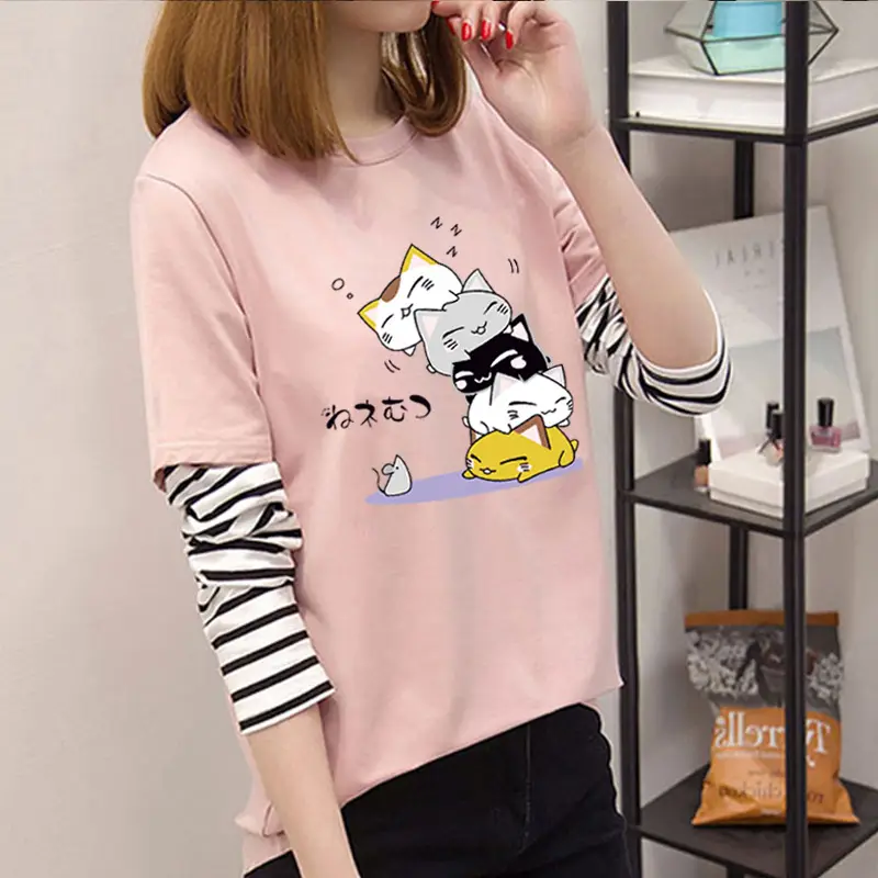 Women Korean Style Avocado Green T-Shirt with Striped Sleeves - Image 14