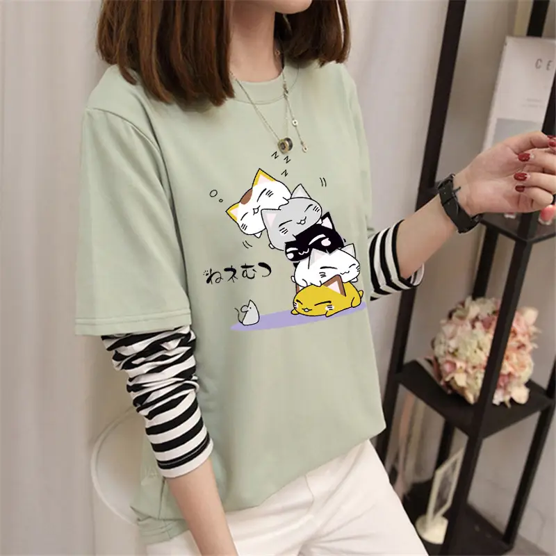 Women Korean Style Avocado Green T-Shirt with Striped Sleeves - Image 16