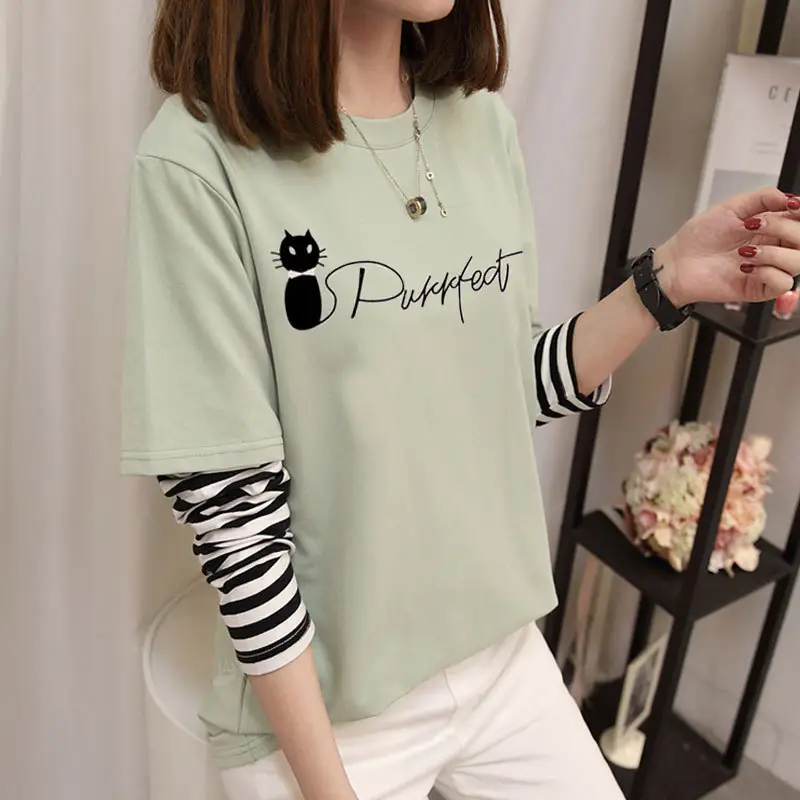 Women Korean Style Avocado Green T-Shirt with Striped Sleeves - Image 20
