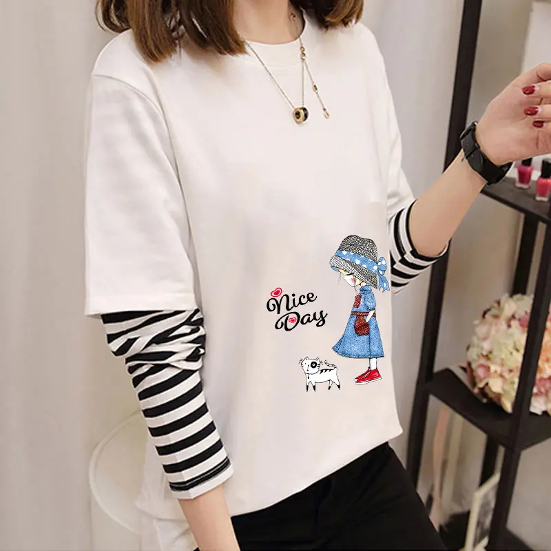 Women Korean Style Avocado Green T-Shirt with Striped Sleeves - Image 21
