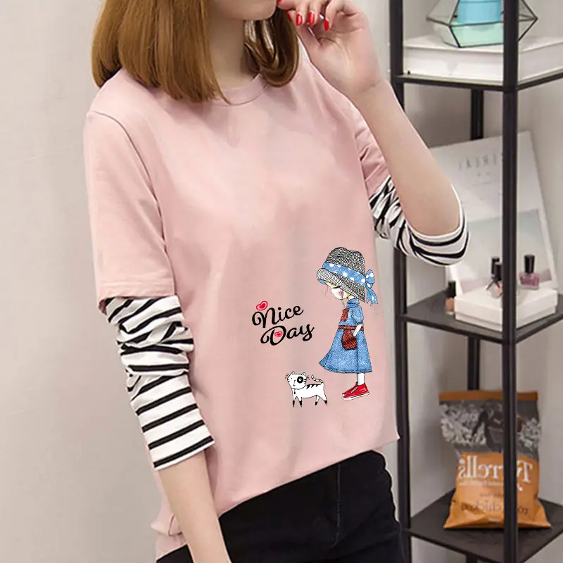Women Korean Style Avocado Green T-Shirt with Striped Sleeves - Image 22