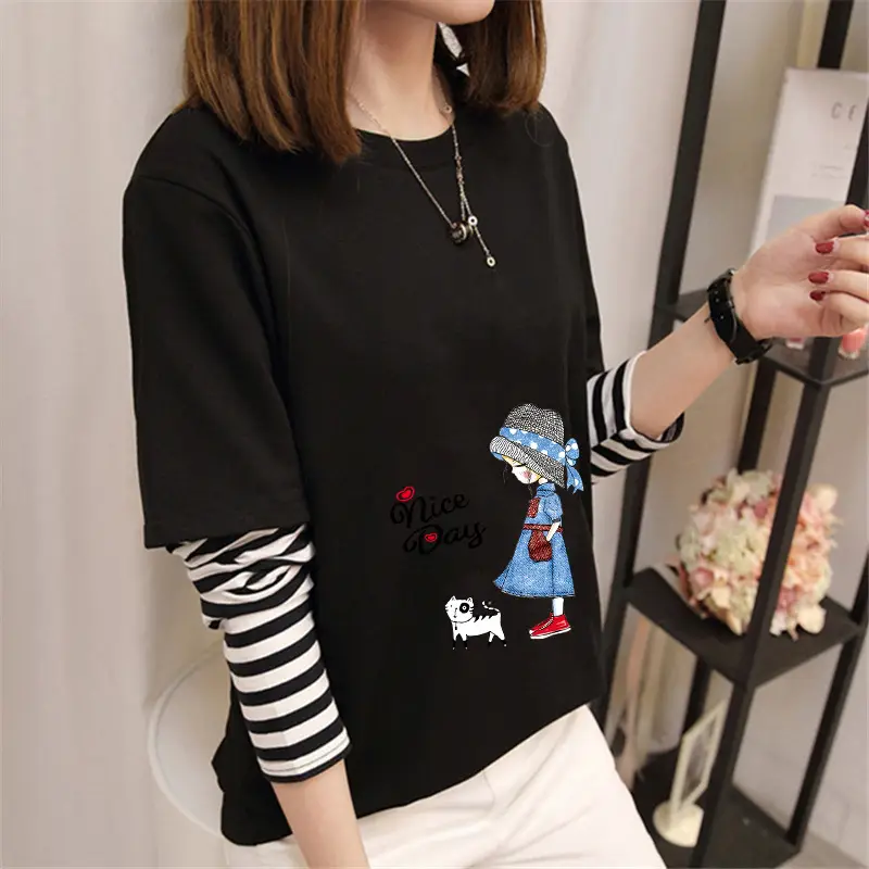 Women Korean Style Avocado Green T-Shirt with Striped Sleeves - Image 23