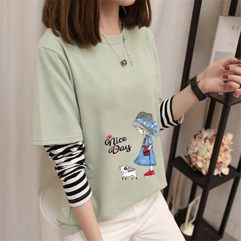 Women Korean Style Avocado Green T-Shirt with Striped Sleeves - Image 24