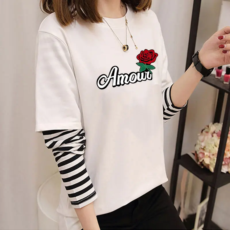 Women Korean Style Avocado Green T-Shirt with Striped Sleeves - Image 25