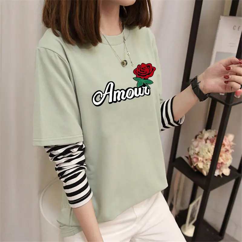 Women Korean Style Avocado Green T-Shirt with Striped Sleeves - Image 28