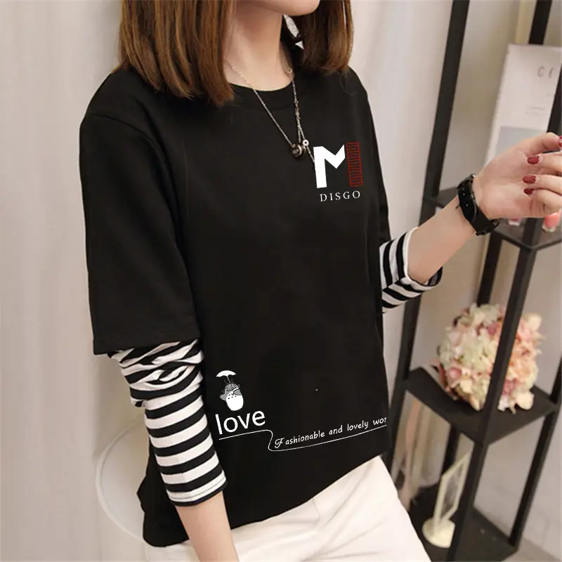 Women Korean Style Avocado Green T-Shirt with Striped Sleeves - Image 3