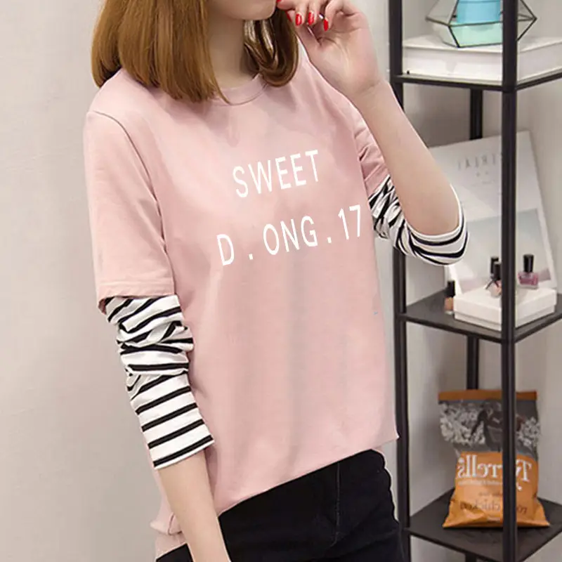 Women Korean Style Avocado Green T-Shirt with Striped Sleeves - Image 30