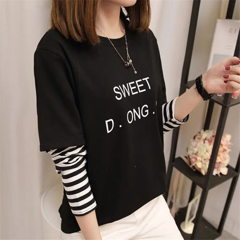 Women Korean Style Avocado Green T-Shirt with Striped Sleeves - Image 31
