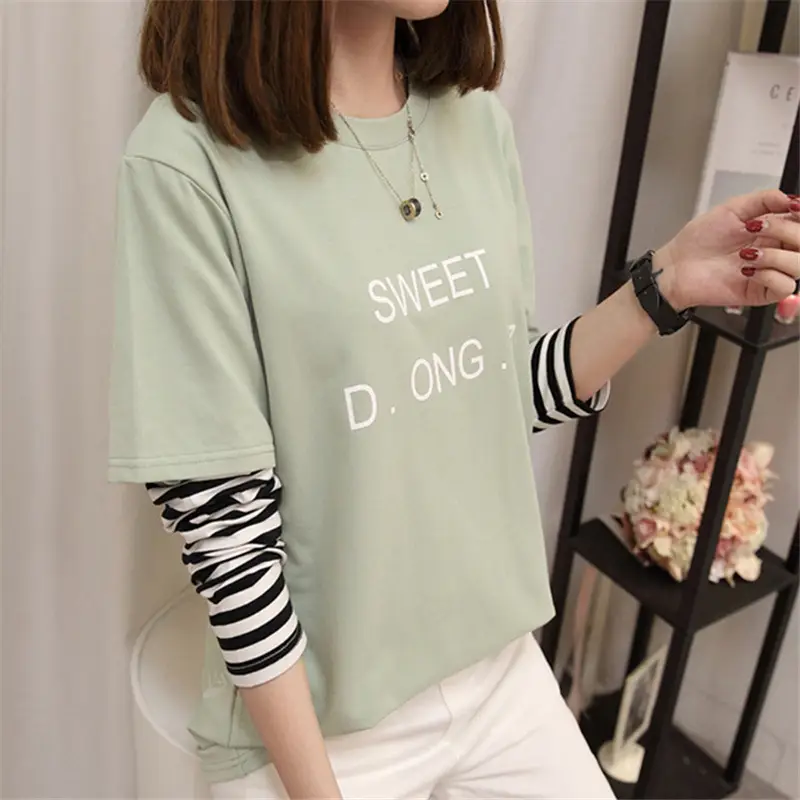 Women Korean Style Avocado Green T-Shirt with Striped Sleeves - Image 32