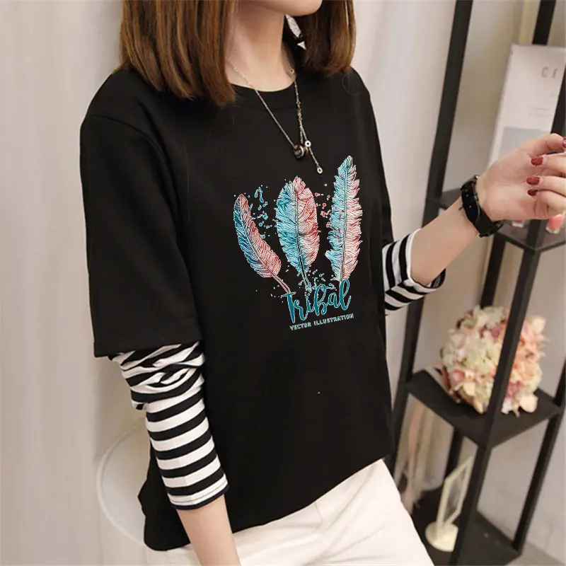 Women Korean Style Avocado Green T-Shirt with Striped Sleeves - Image 35