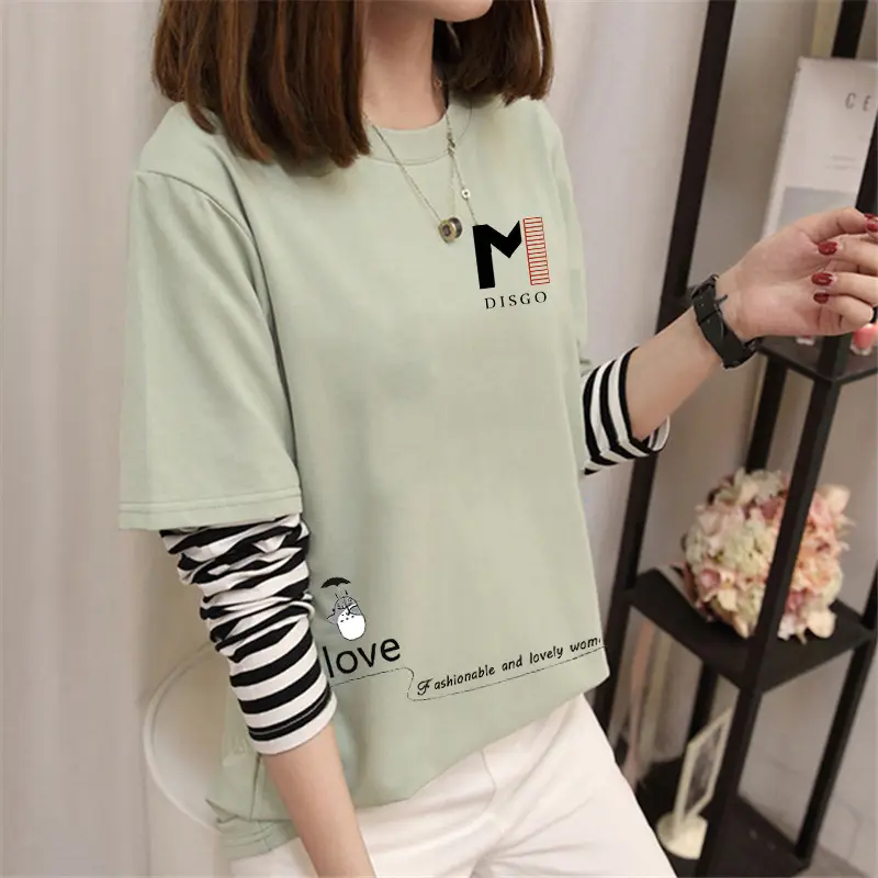 Women Korean Style Avocado Green T-Shirt with Striped Sleeves - Image 4
