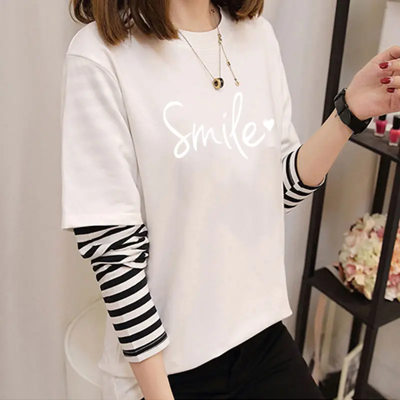 Women Korean Style Avocado Green T-Shirt with Striped Sleeves - Image 5