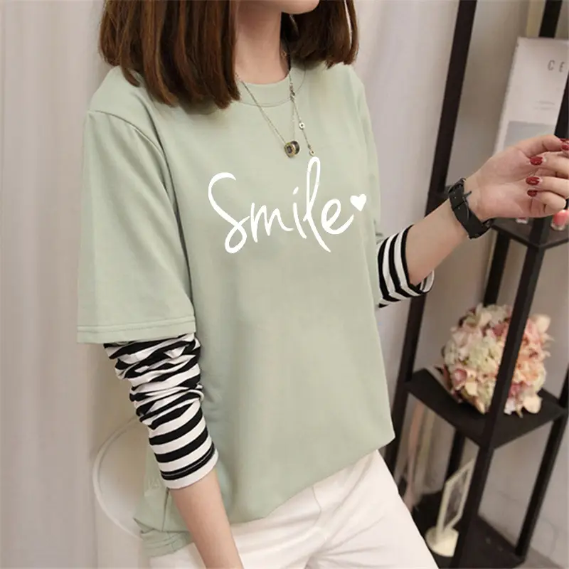 Women Korean Style Avocado Green T-Shirt with Striped Sleeves - Image 8