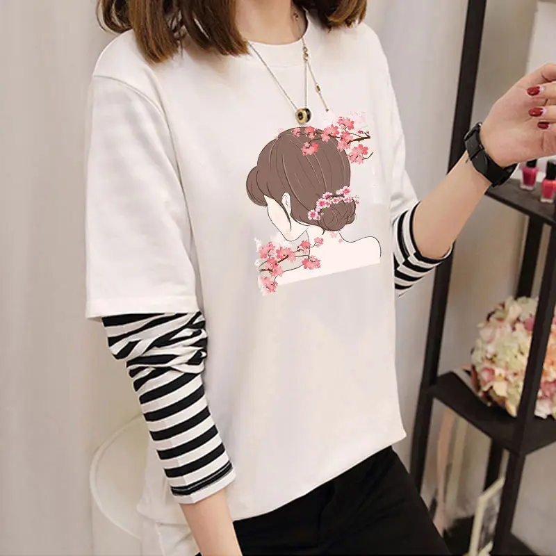 Women Korean Style Avocado Green T-Shirt with Striped Sleeves - Image 9