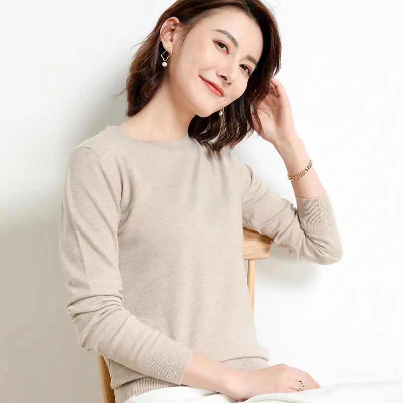 Women's 2025 Winter Knit Pullover Sweater Beige Round Neck - Image 27