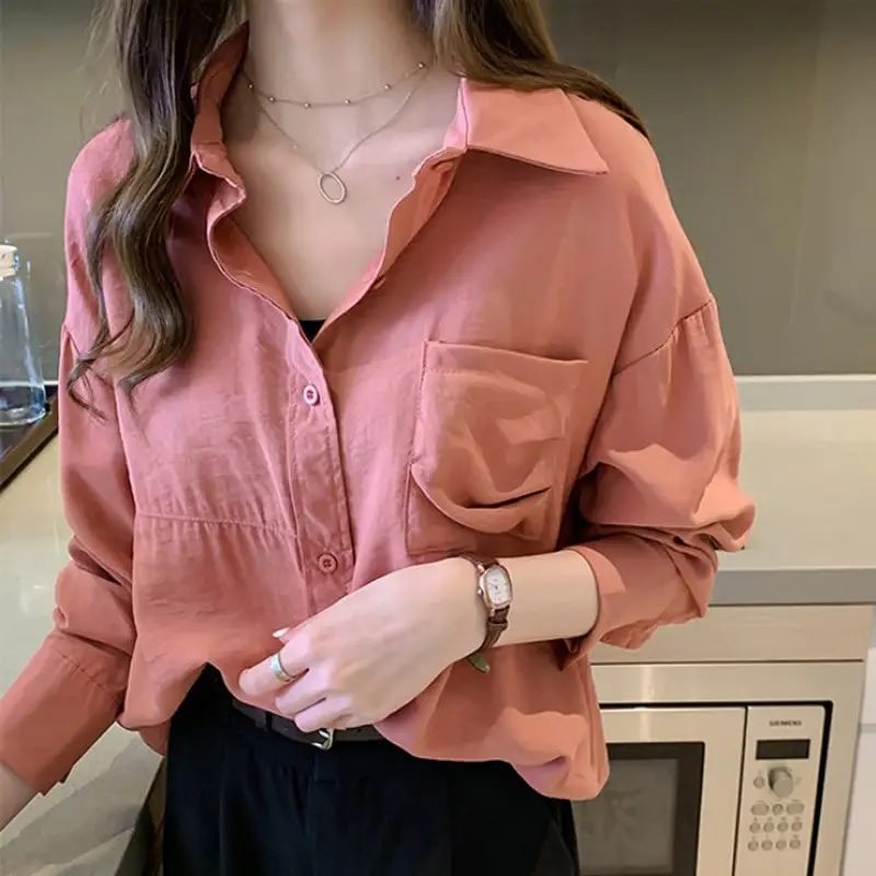 2020 Women Loose Long Sleeve Pink Shirt Korean Style - Image 4