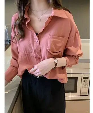 2020 Women Loose Long Sleeve Pink Shirt Korean Style - Image 2