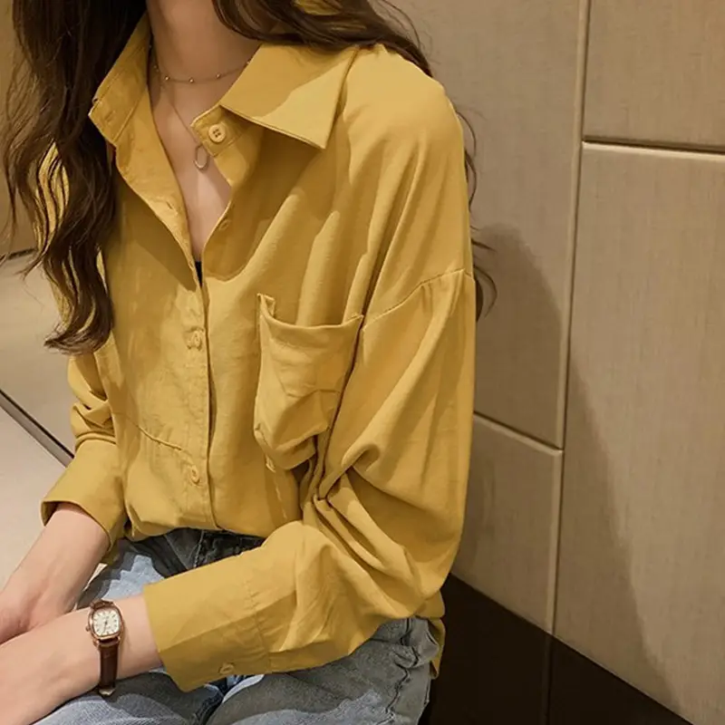 2020 Women Loose Long Sleeve Pink Shirt Korean Style - Image 5