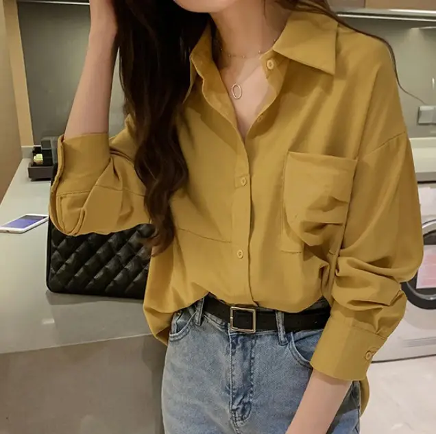 2020 Women Loose Long Sleeve Pink Shirt Korean Style - Image 3