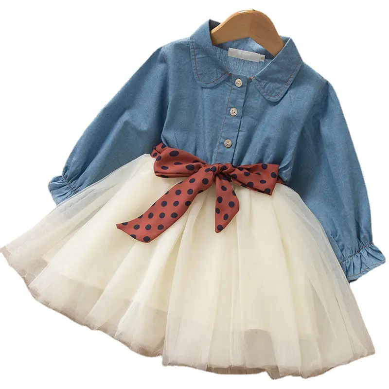 Girls Blue Denim Shirt with Bow Tulle Skirt Set - Image 6