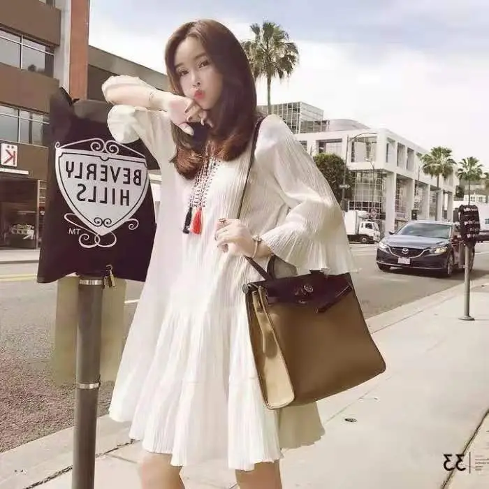 White Chiffon Maternity Dress Mid-Length Ethnic Style Loose Fit - Image 4