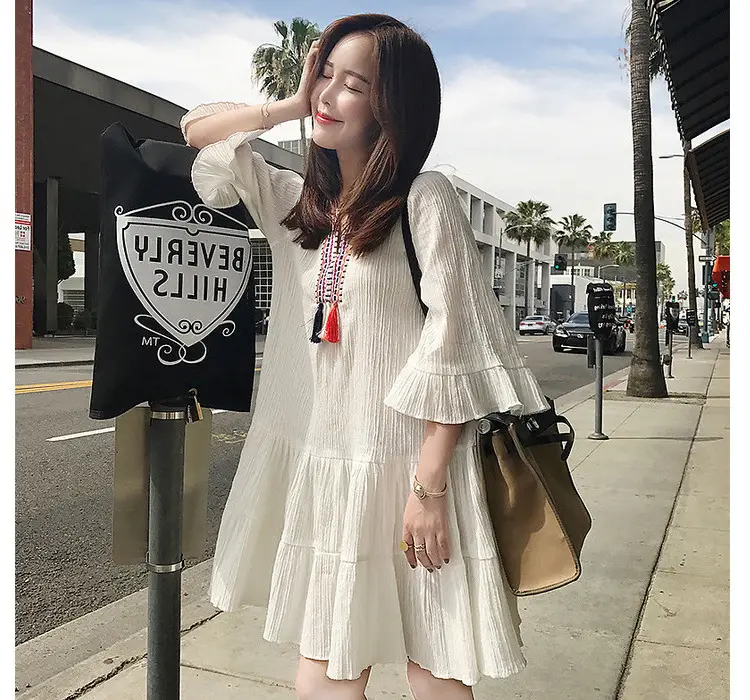 White Chiffon Maternity Dress Mid-Length Ethnic Style Loose Fit — feature 1