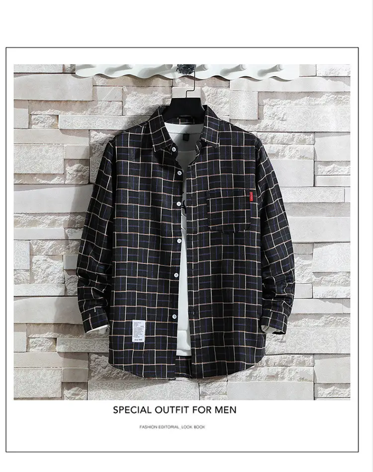 Men's Plaid Long Sleeve Shirt 2021 Harajuku Style — feature 82