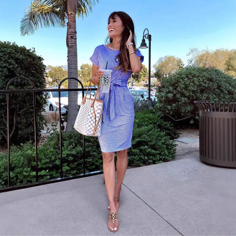 Women Belted Striped Summer Dress Blue White